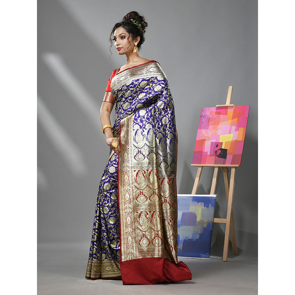 CHARUKRITI Ultra Blue Silk Banarasi Saree with Zari Woven Designs & Unstitched Blouse