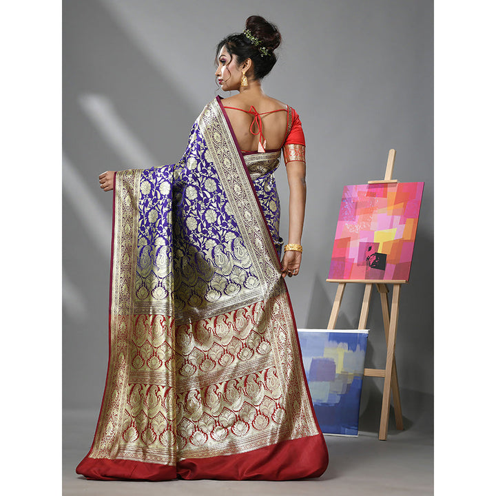 CHARUKRITI Ultra Blue Silk Banarasi Saree with Zari Woven Designs & Unstitched Blouse