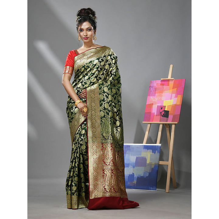 CHARUKRITI Green Silk Banarasi Saree with Zari Woven Designs & Unstitched Blouse