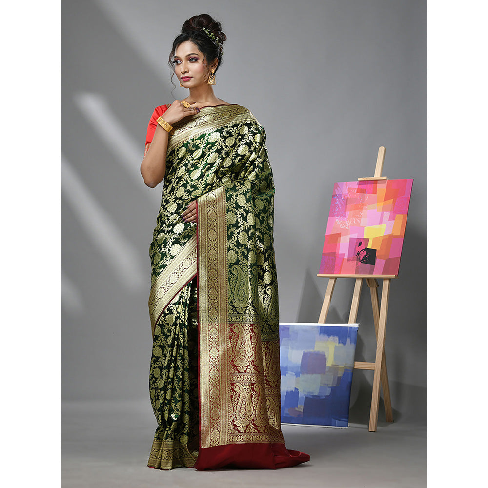 CHARUKRITI Green Silk Banarasi Saree with Zari Woven Designs & Unstitched Blouse