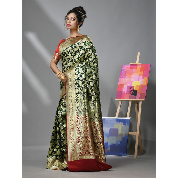 CHARUKRITI Green Silk Banarasi Saree with Zari Woven Designs & Unstitched Blouse