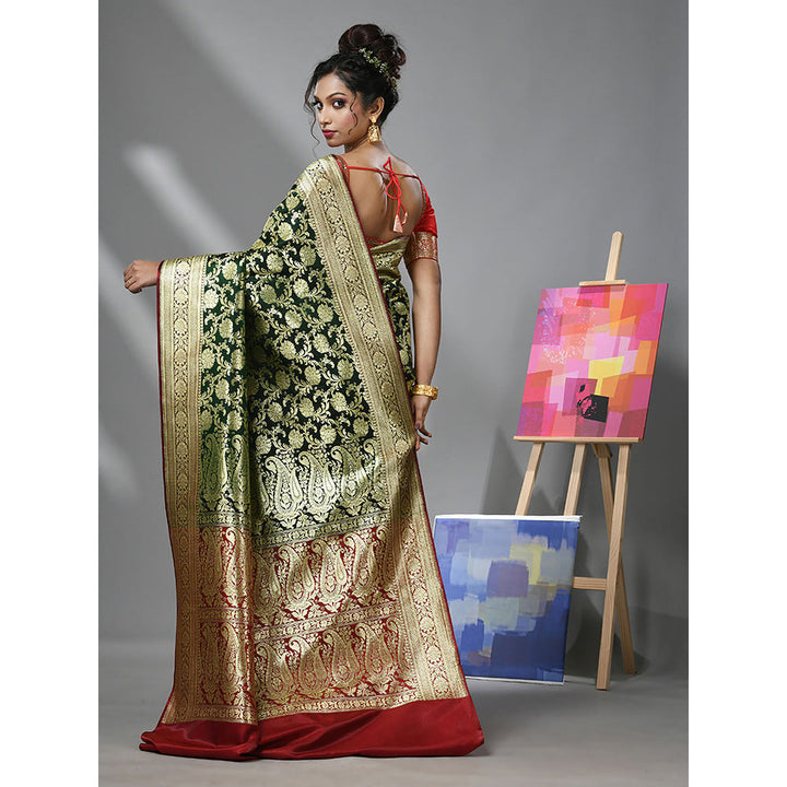 CHARUKRITI Green Silk Banarasi Saree with Zari Woven Designs & Unstitched Blouse