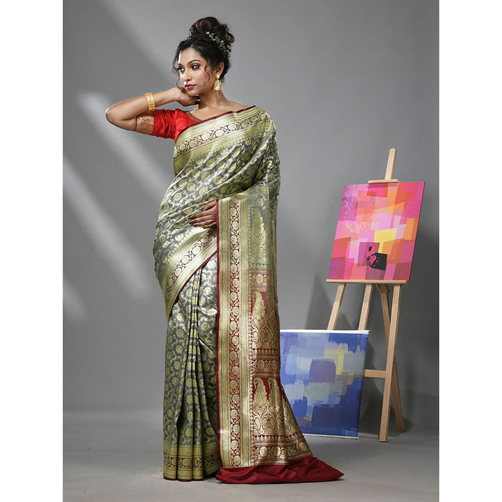 CHARUKRITI Light Grey Silk Banarasi Saree with Zari Woven Designs & Unstitched Blouse