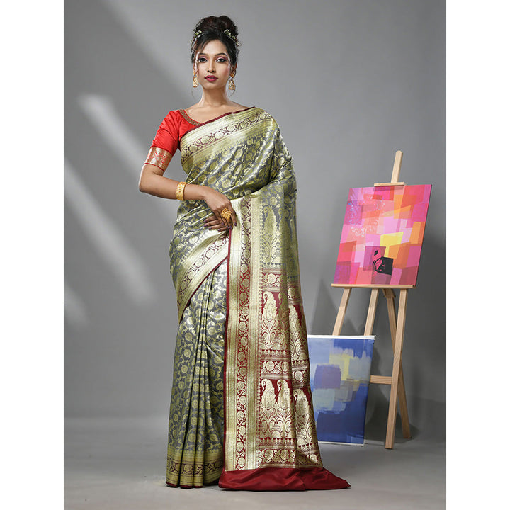 CHARUKRITI Light Grey Silk Banarasi Saree with Zari Woven Designs & Unstitched Blouse