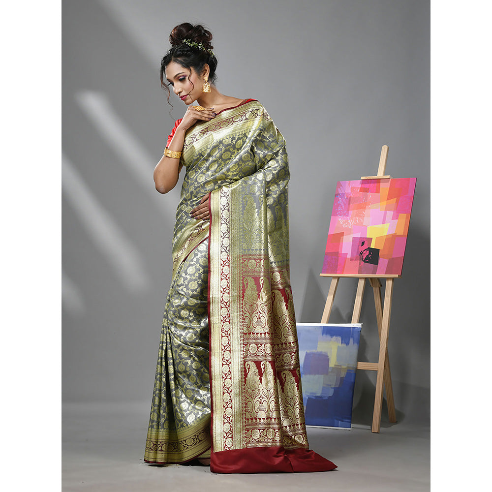 CHARUKRITI Light Grey Silk Banarasi Saree with Zari Woven Designs & Unstitched Blouse