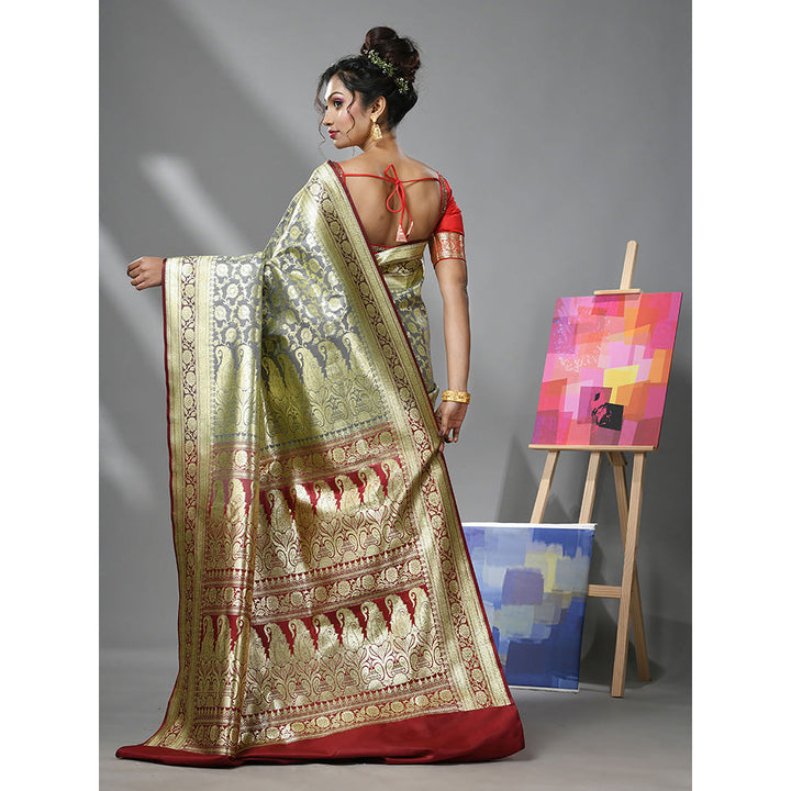 CHARUKRITI Light Grey Silk Banarasi Saree with Zari Woven Designs & Unstitched Blouse