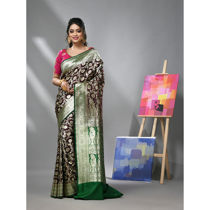 CHARUKRITI Dark Chocolate Silk Banarasi Saree with Zari Woven Designs & Unstitched Blouse