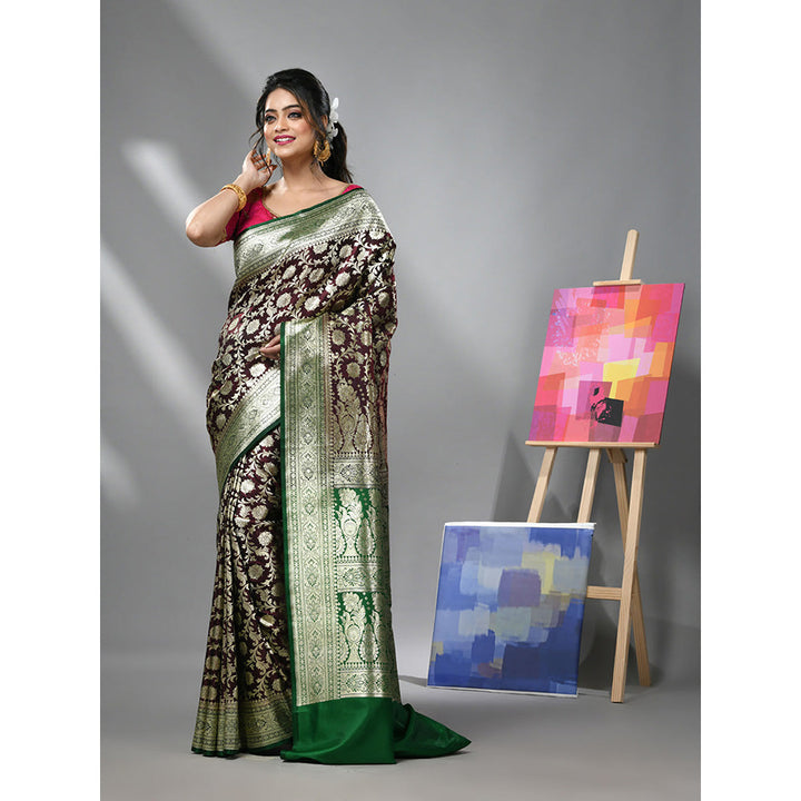 CHARUKRITI Dark Chocolate Silk Banarasi Saree with Zari Woven Designs & Unstitched Blouse