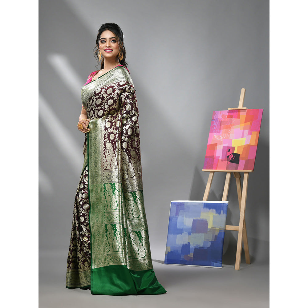 CHARUKRITI Dark Chocolate Silk Banarasi Saree with Zari Woven Designs & Unstitched Blouse