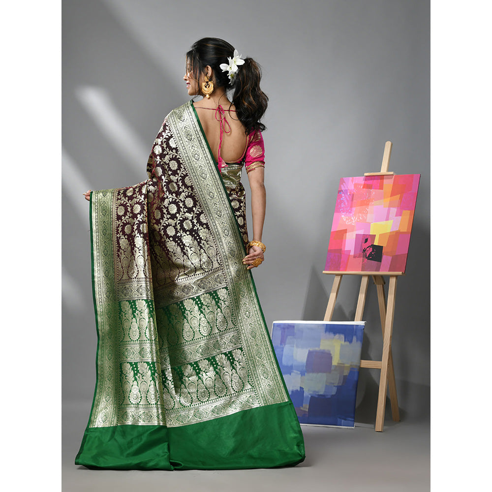 CHARUKRITI Dark Chocolate Silk Banarasi Saree with Zari Woven Designs & Unstitched Blouse