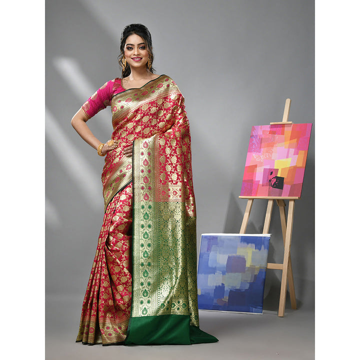 CHARUKRITI Red Silk Banarasi Saree with All Over Jacquard Degins & Unstitched Blouse