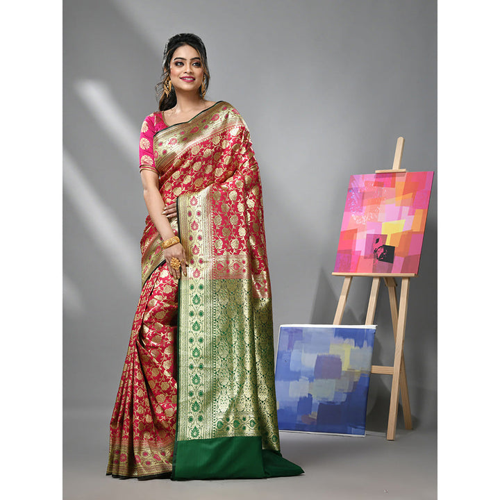 CHARUKRITI Red Silk Banarasi Saree with All Over Jacquard Degins & Unstitched Blouse