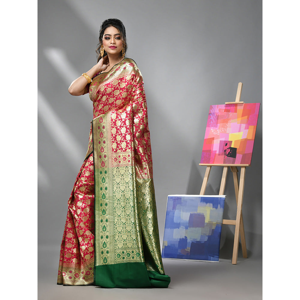 CHARUKRITI Red Silk Banarasi Saree with All Over Jacquard Degins & Unstitched Blouse