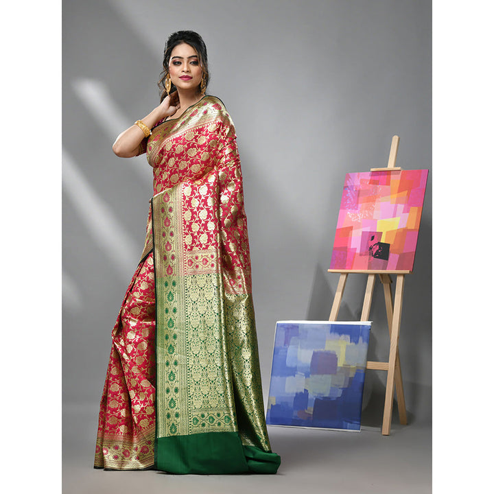 CHARUKRITI Red Silk Banarasi Saree with All Over Jacquard Degins & Unstitched Blouse