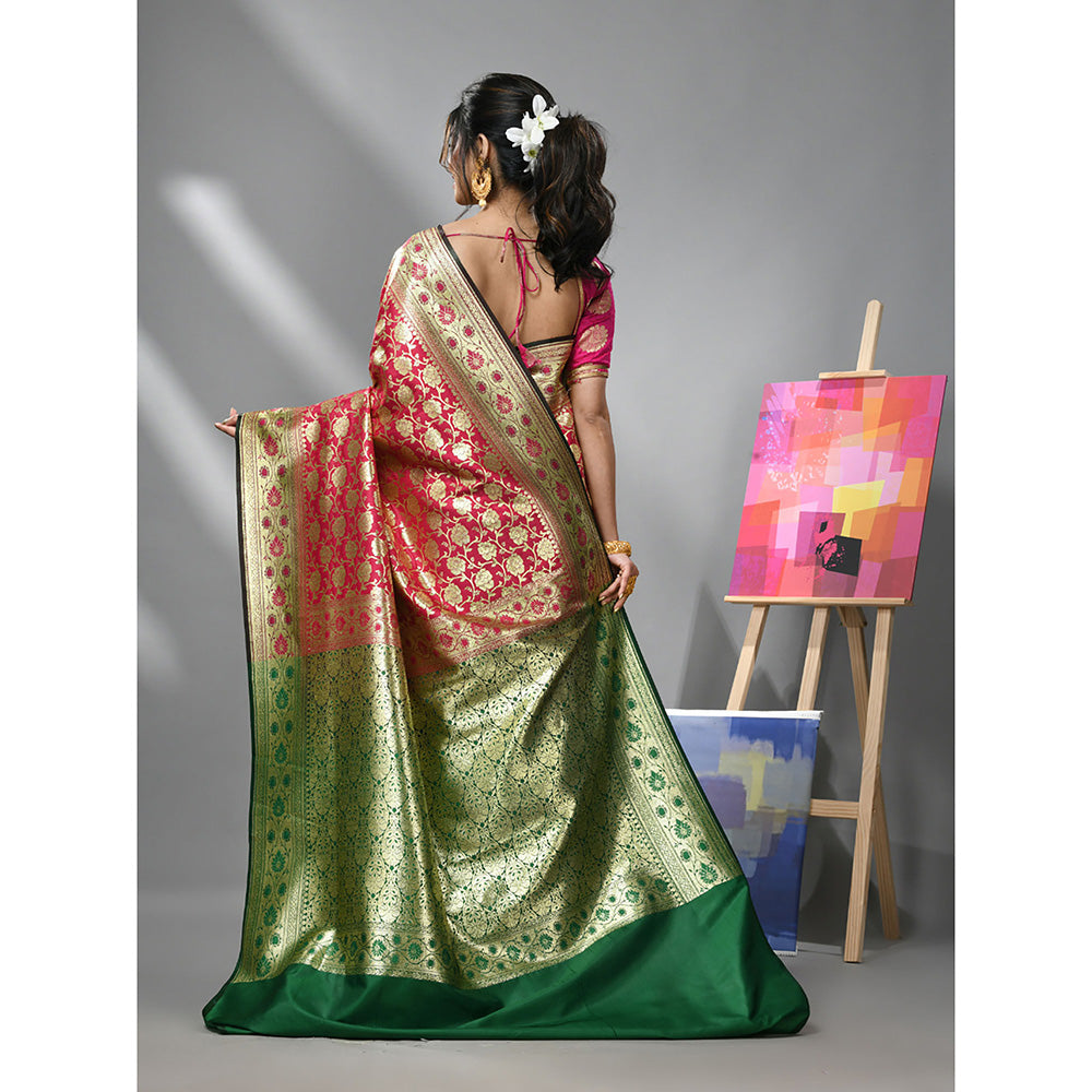 CHARUKRITI Red Silk Banarasi Saree with All Over Jacquard Degins & Unstitched Blouse