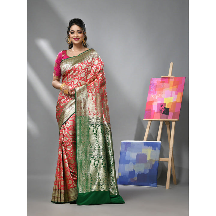 CHARUKRITI Coral Silk Banarasi Saree with Zari Woven Designs & Unstitched Blouse