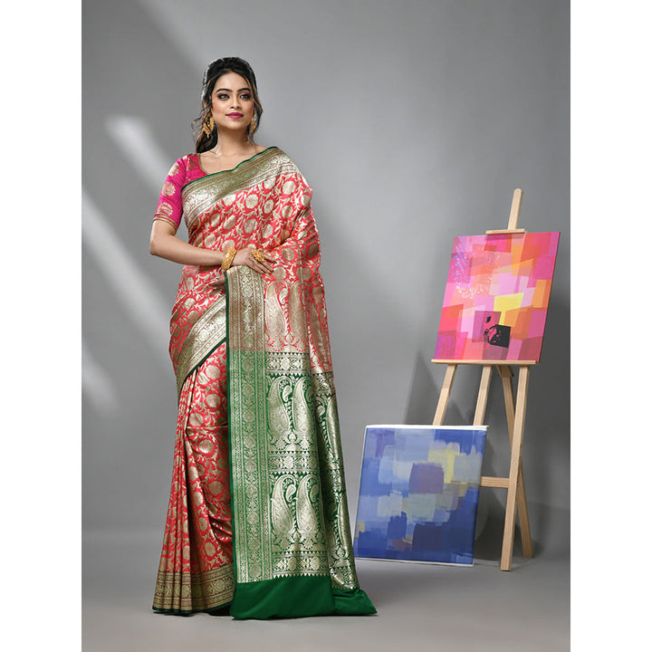 CHARUKRITI Coral Silk Banarasi Saree with Zari Woven Designs & Unstitched Blouse