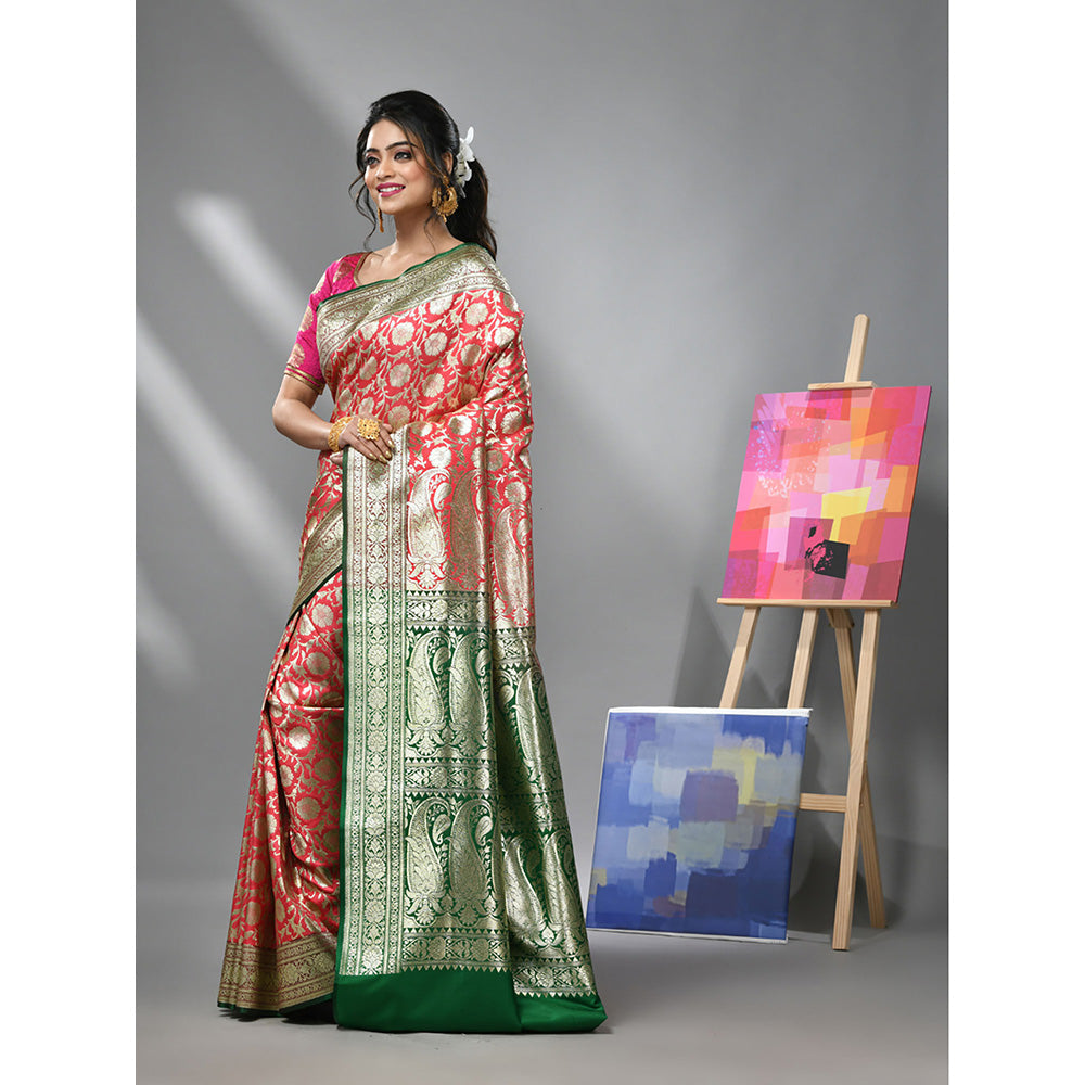 CHARUKRITI Coral Silk Banarasi Saree with Zari Woven Designs & Unstitched Blouse