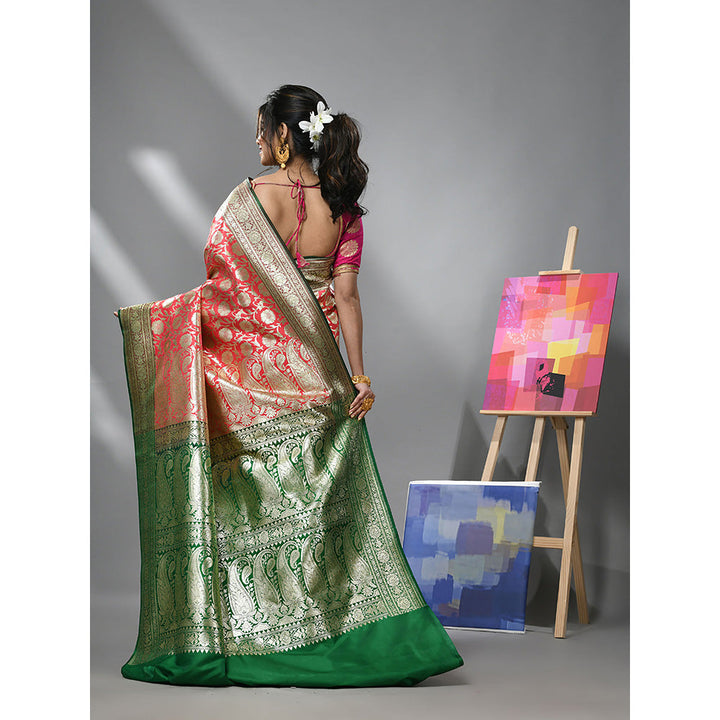 CHARUKRITI Coral Silk Banarasi Saree with Zari Woven Designs & Unstitched Blouse