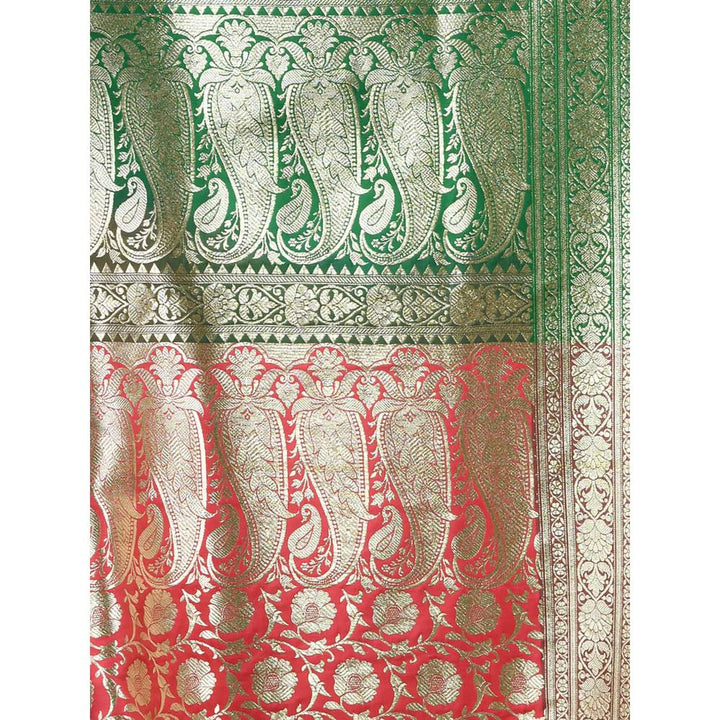 CHARUKRITI Coral Silk Banarasi Saree with Zari Woven Designs & Unstitched Blouse