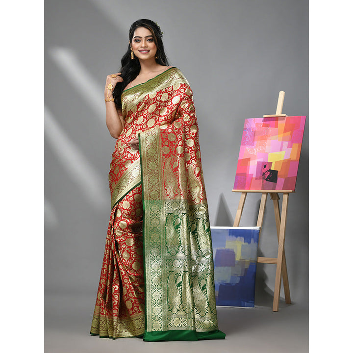 CHARUKRITI Red Silk Banarasi Saree with Zari Woven Designs & Unstitched Blouse