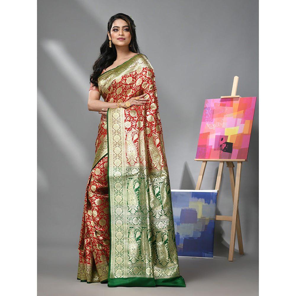 CHARUKRITI Red Silk Banarasi Saree with Zari Woven Designs & Unstitched Blouse