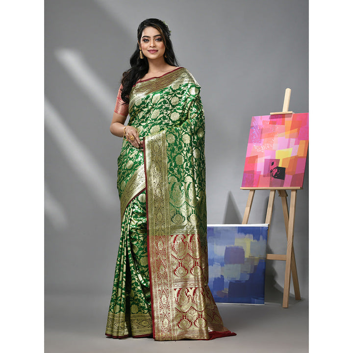 CHARUKRITI Green Silk Banarasi Saree with Zari Woven Designs & Unstitched Blouse