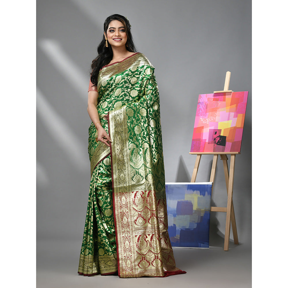 CHARUKRITI Green Silk Banarasi Saree with Zari Woven Designs & Unstitched Blouse