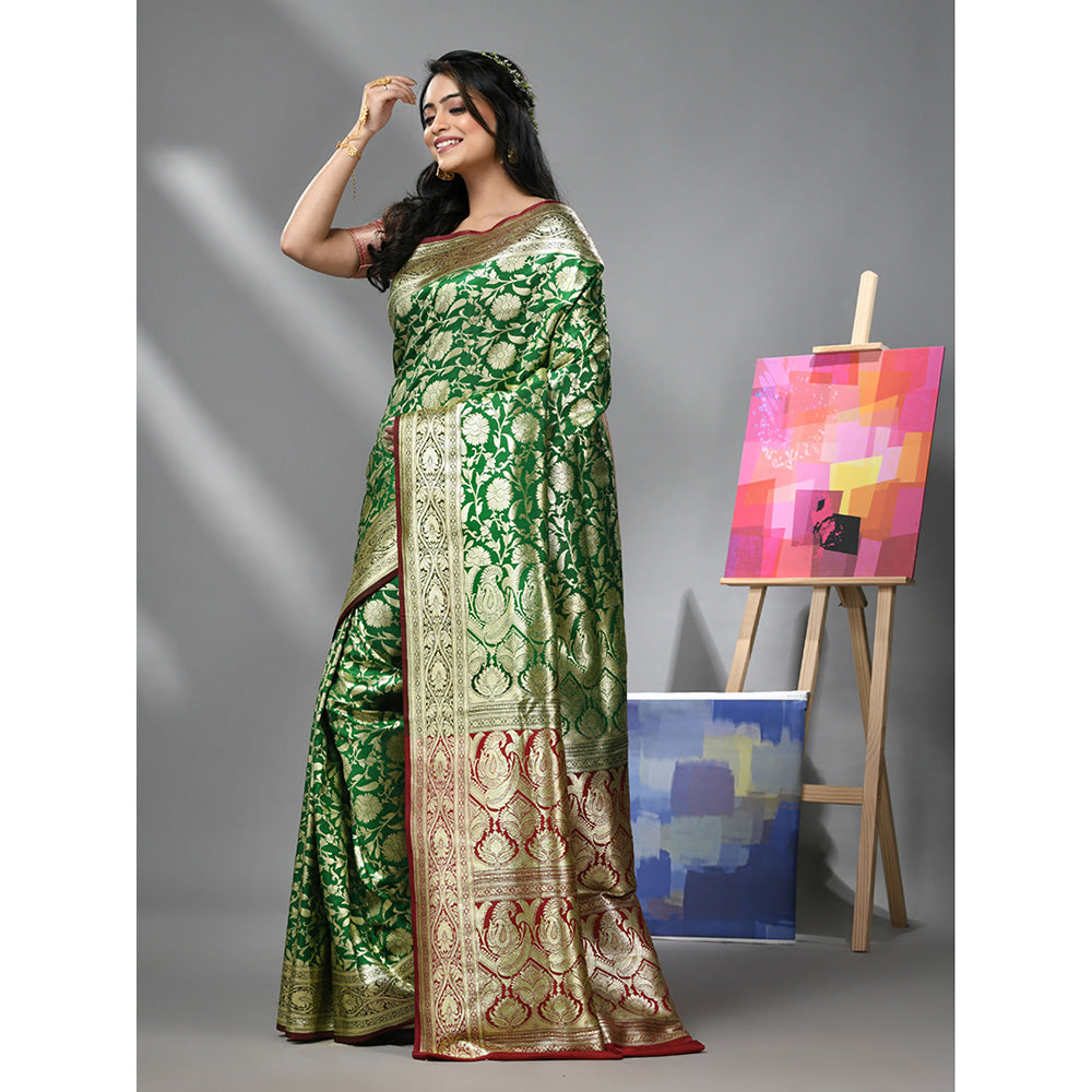 CHARUKRITI Green Silk Banarasi Saree with Zari Woven Designs & Unstitched Blouse