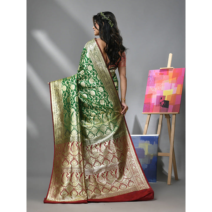 CHARUKRITI Green Silk Banarasi Saree with Zari Woven Designs & Unstitched Blouse