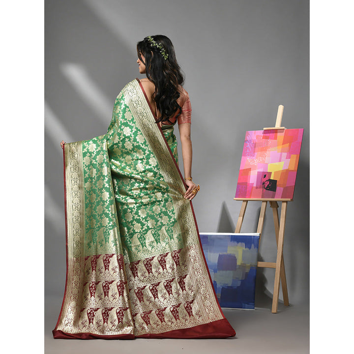 CHARUKRITI Green Silk Banarasi Saree with Zari Woven Designs & Unstitched Blouse