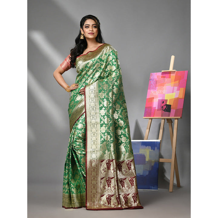 CHARUKRITI Green Silk Banarasi Saree with Zari Woven Designs & Unstitched Blouse