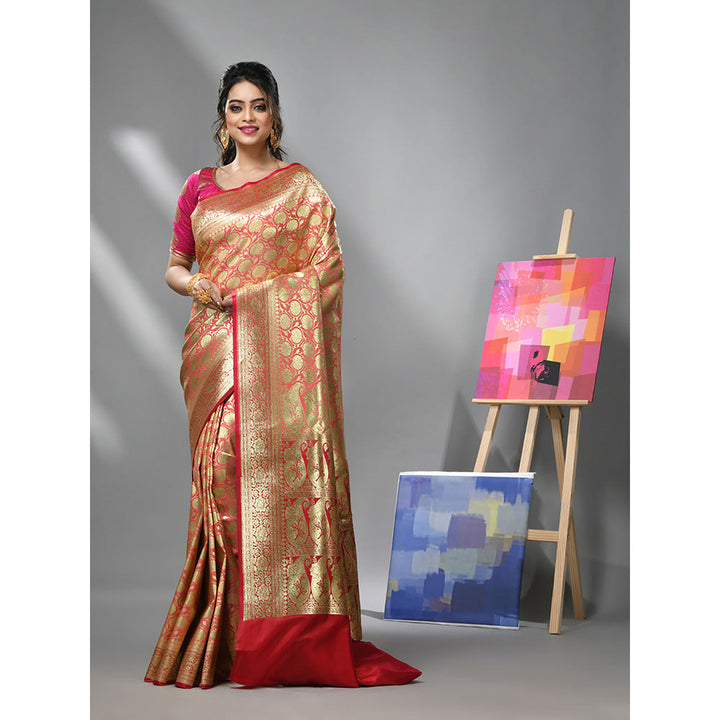 CHARUKRITI Coral Silk Banarasi Saree with Zari Woven Designs & Unstitched Blouse