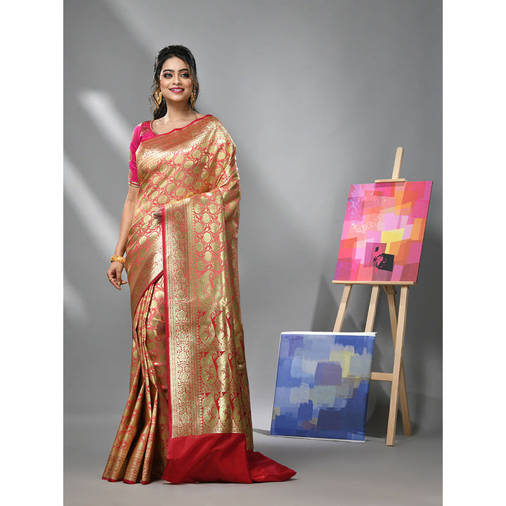 CHARUKRITI Coral Silk Banarasi Saree with Zari Woven Designs & Unstitched Blouse