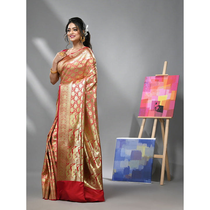 CHARUKRITI Coral Silk Banarasi Saree with Zari Woven Designs & Unstitched Blouse