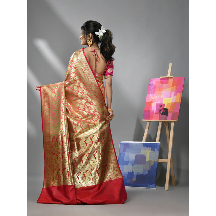 CHARUKRITI Coral Silk Banarasi Saree with Zari Woven Designs & Unstitched Blouse