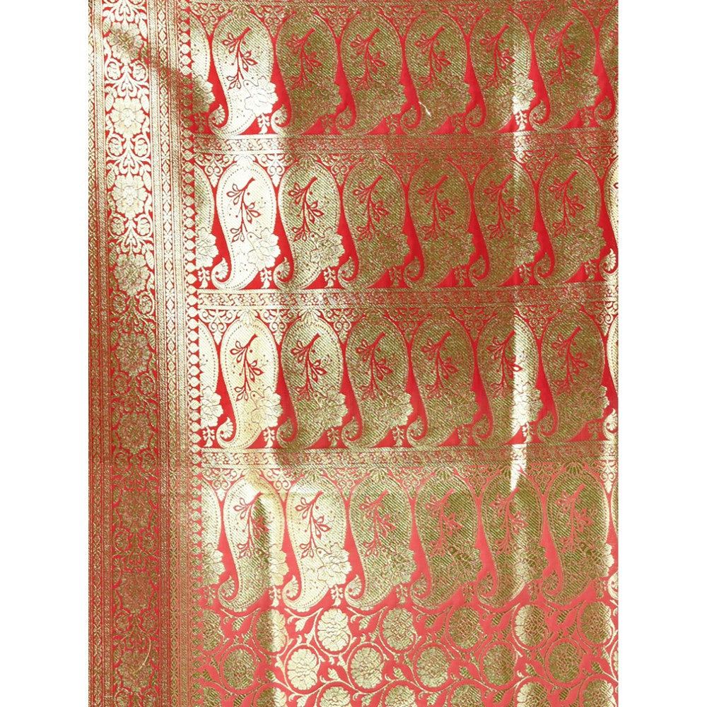 CHARUKRITI Coral Silk Banarasi Saree with Zari Woven Designs & Unstitched Blouse