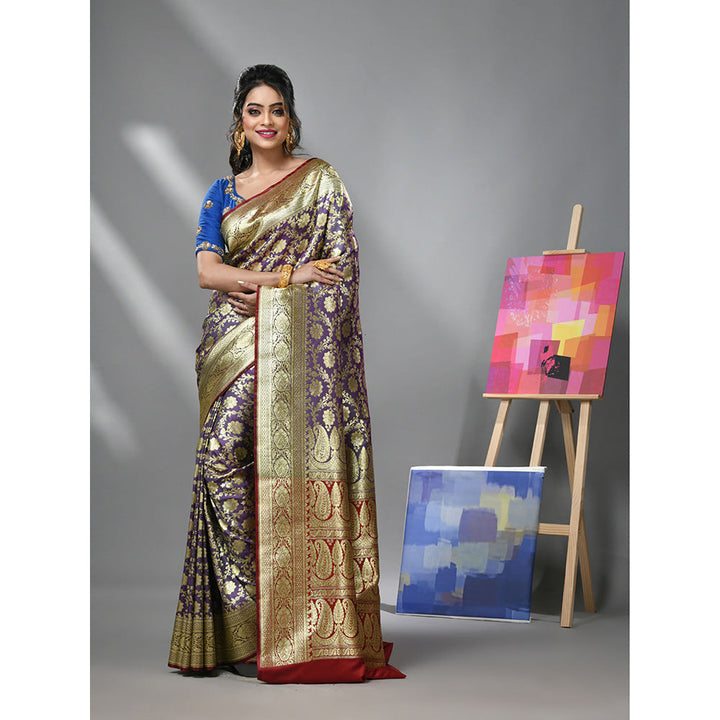 CHARUKRITI Purple Silk Banarasi Saree with Zari Woven Designs & Unstitched Blouse