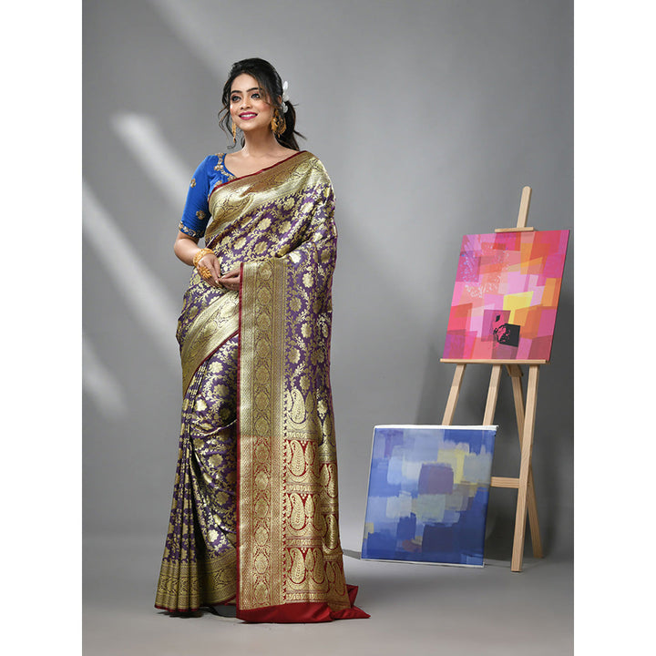 CHARUKRITI Purple Silk Banarasi Saree with Zari Woven Designs & Unstitched Blouse