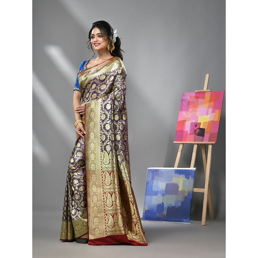 CHARUKRITI Purple Silk Banarasi Saree with Zari Woven Designs & Unstitched Blouse