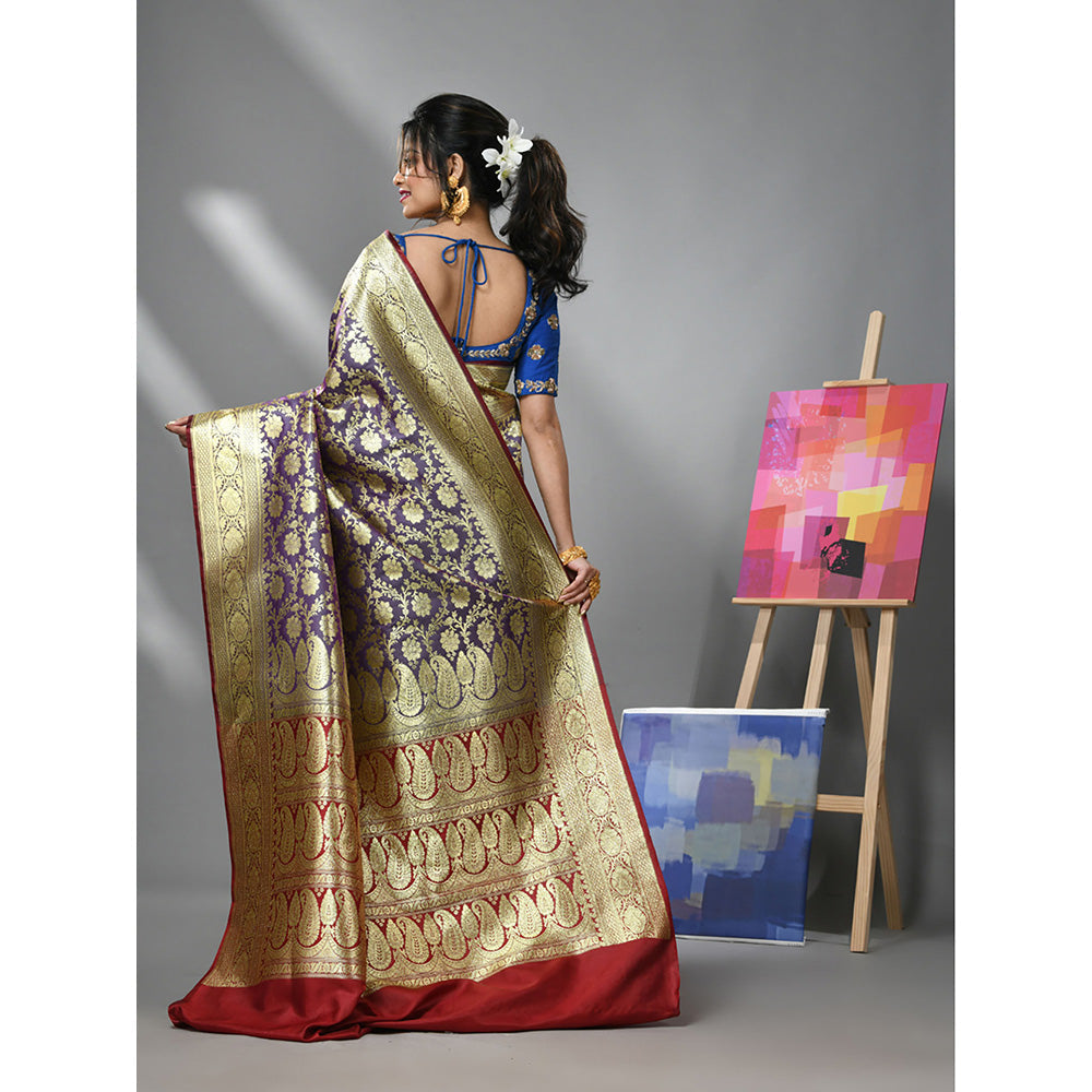 CHARUKRITI Purple Silk Banarasi Saree with Zari Woven Designs & Unstitched Blouse