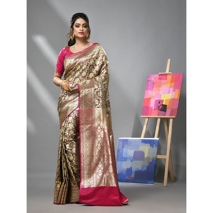 CHARUKRITI Brown Silk Banarasi Saree with Zari Woven Designs & Unstitched Blouse