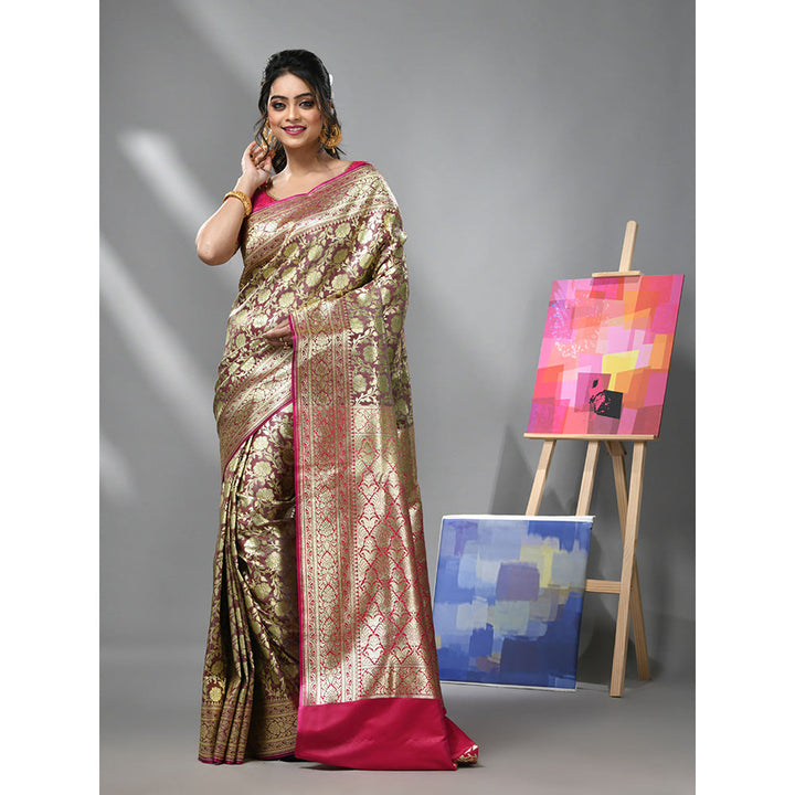 CHARUKRITI Brown Silk Banarasi Saree with Zari Woven Designs & Unstitched Blouse