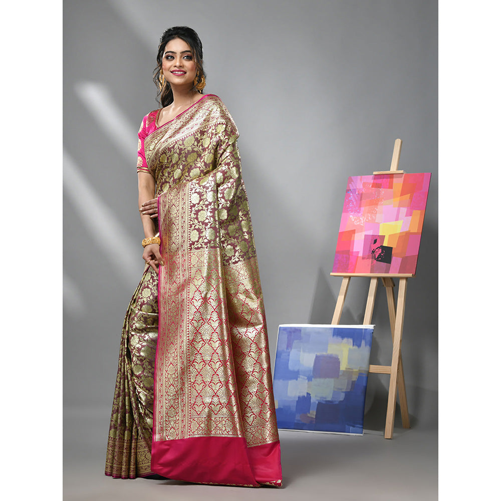 CHARUKRITI Brown Silk Banarasi Saree with Zari Woven Designs & Unstitched Blouse