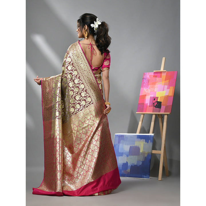 CHARUKRITI Brown Silk Banarasi Saree with Zari Woven Designs & Unstitched Blouse