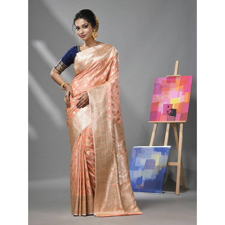 CHARUKRITI Creamy Peach Katan Silk Banarasi Saree with Zari Woven Designs & Unstitched Blouse