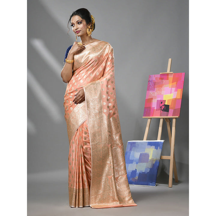 CHARUKRITI Creamy Peach Katan Silk Banarasi Saree with Zari Woven Designs & Unstitched Blouse