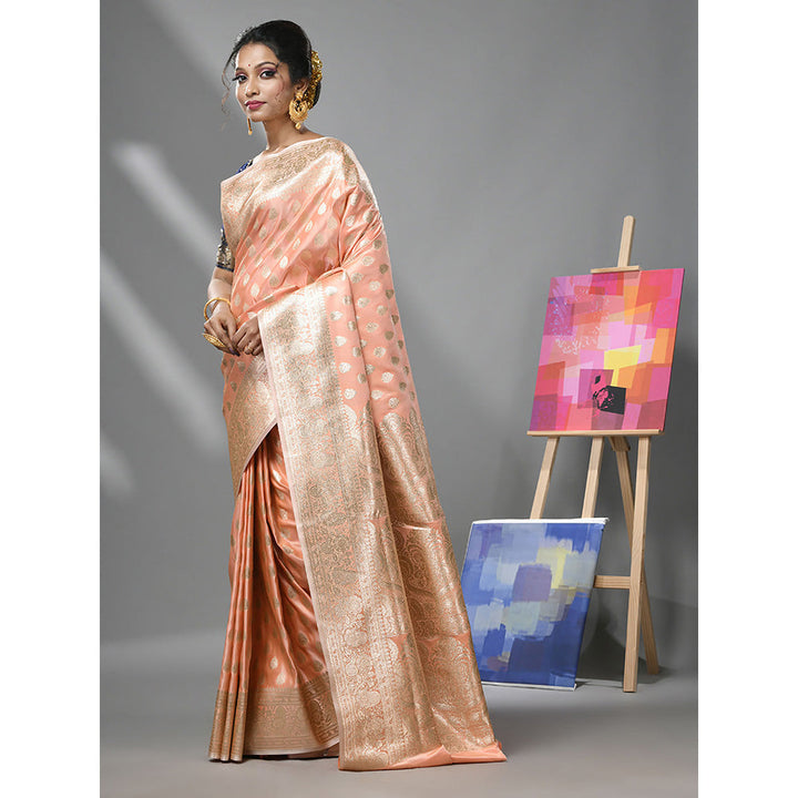 CHARUKRITI Creamy Peach Katan Silk Banarasi Saree with Zari Woven Designs & Unstitched Blouse