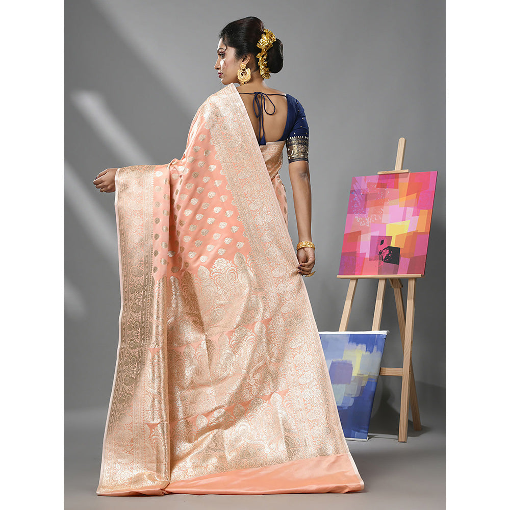 CHARUKRITI Creamy Peach Katan Silk Banarasi Saree with Zari Woven Designs & Unstitched Blouse