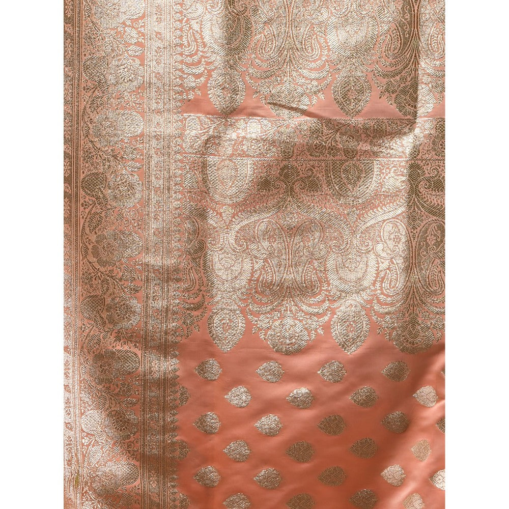 CHARUKRITI Creamy Peach Katan Silk Banarasi Saree with Zari Woven Designs & Unstitched Blouse